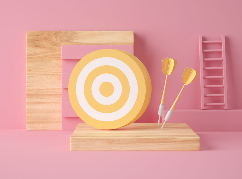 3D Illustration. Yellow target and darts on pink pastel color background. Success concept.