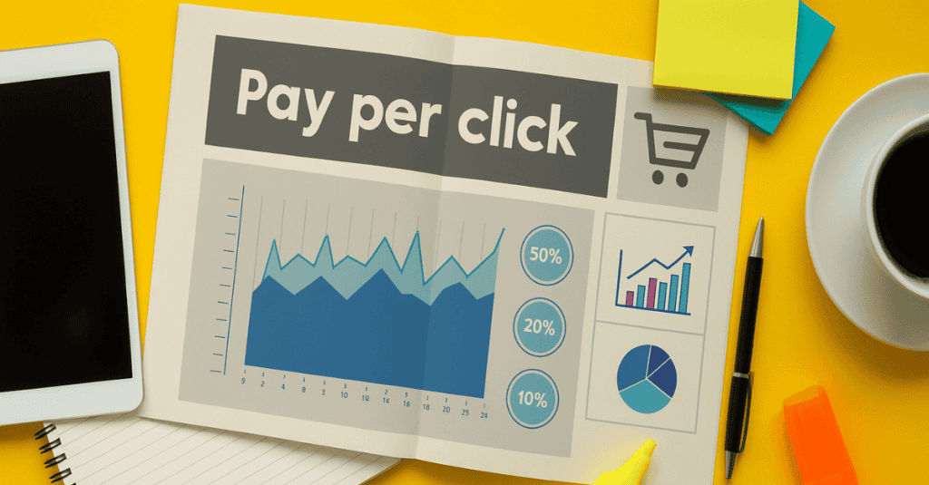A paper with graphs and the title “Pay per click” is placed on a desk surrounded by office supplies, a tablet, and a cup of coffee.