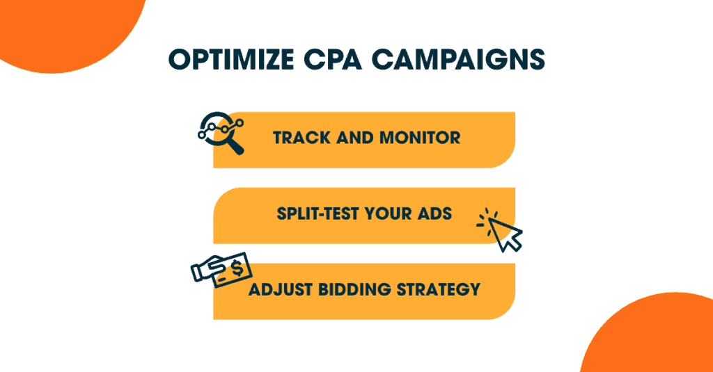 A visual guide showing three tips to optimize CPA campaigns: track and monitor, split-test your ads, and adjust bidding strategy.
