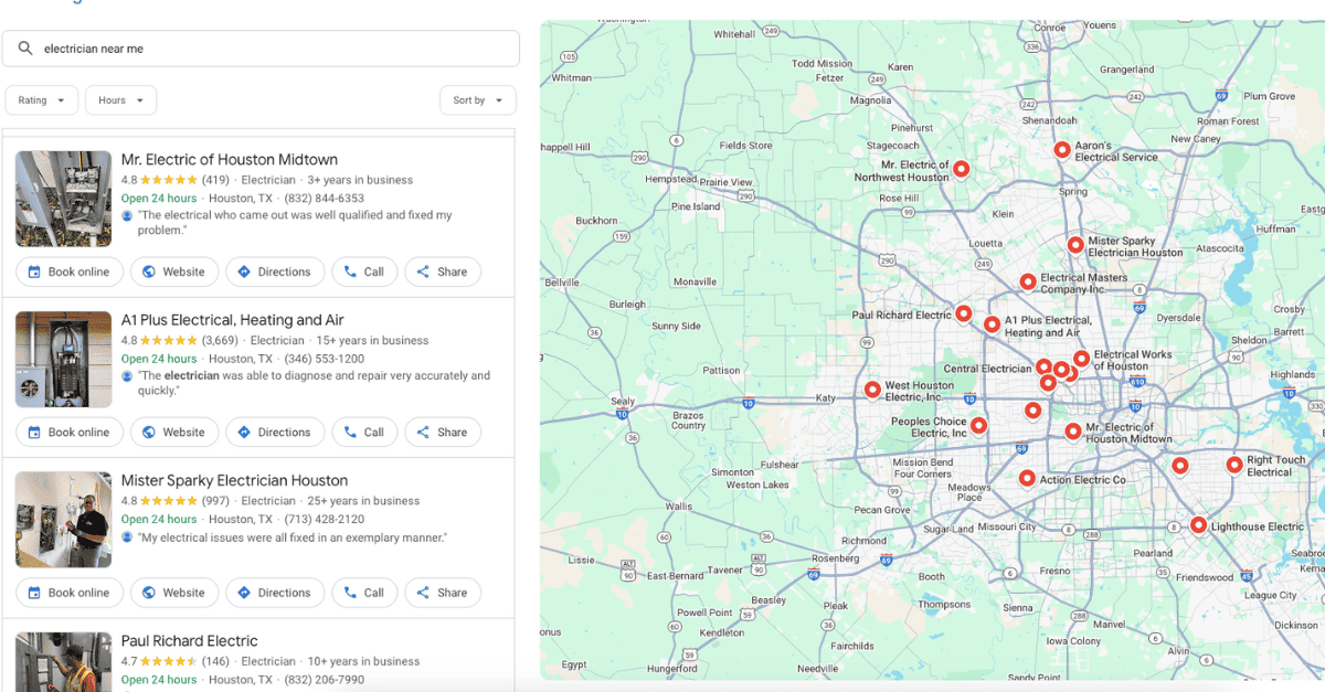 Google business listings after searching "electrician near me." 
