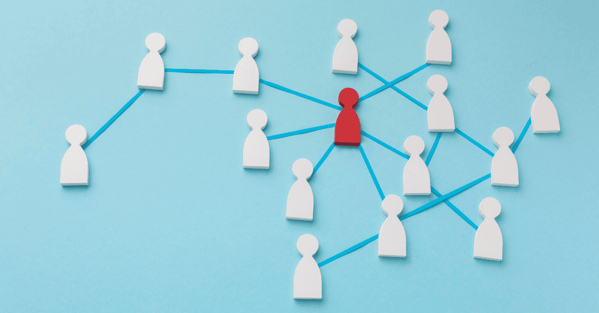 A network diagram of connected white and red human icons symbolizing a referral or affiliate marketing program on a blue background.