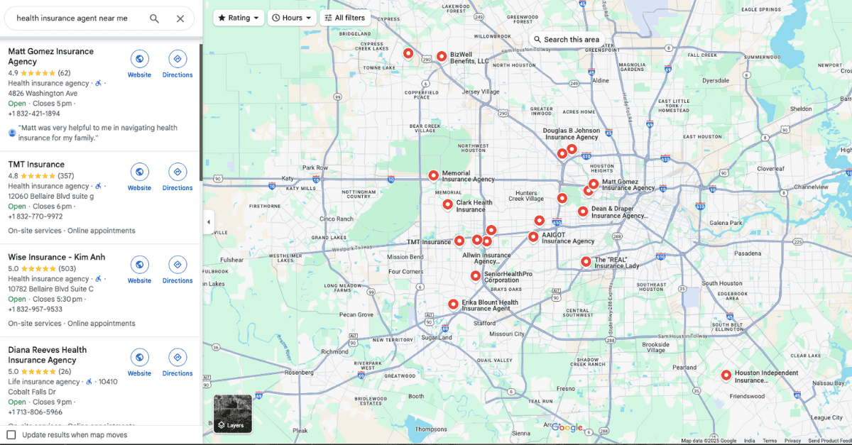 A Google Maps search result for "health insurance agent near me" shows a list of agencies on the left with ratings and contact details, alongside a map of the Houston area marked with red location pins for each agency.