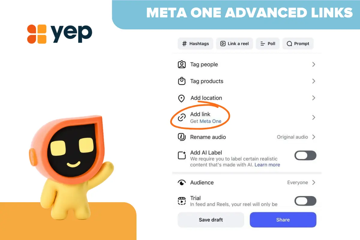 Meta advanced affiliate links infographic showing Instagram’s post settings with the “Add link” option highlighted, where creators can add affiliate links directly to Reels and feed posts.